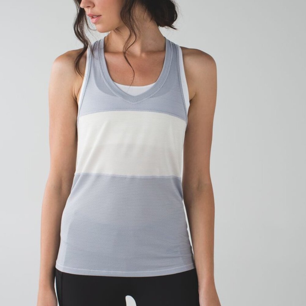 Lululemon Pedal to the Medal gray & cream striped racerback tank top